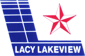A logo for lacy lakeview with a red white and blue star