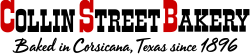A logo for collin street bakery baked in corsicana texas since 1896