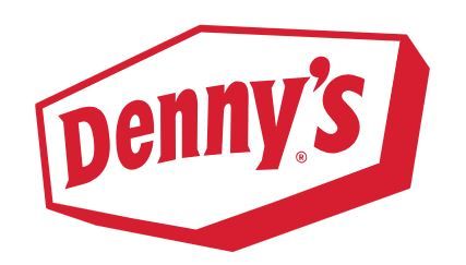 A red and white denny 's logo on a white background.