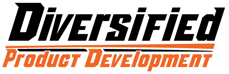 A black and orange logo for diversified product development