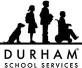 The logo for durham school services shows a group of children and a dog.