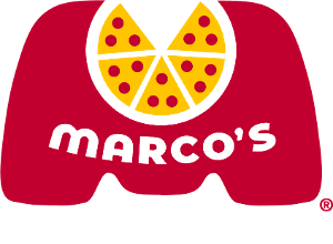 A red and white logo for marco 's pizza