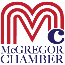 A red white and blue logo for the mcgregor chamber