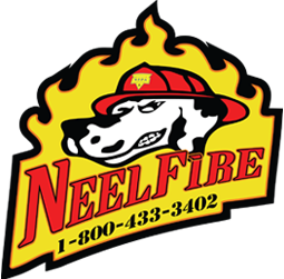A logo for neel fire shows a dog wearing a fireman 's hat