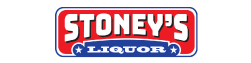The logo for stoney 's liquor is red white and blue