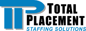 The logo for total placement staffing solutions is blue and black.