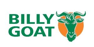 The logo for billy goat is green and orange with a goat on it.