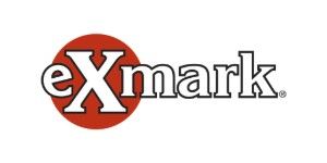 A red and white logo for exmark on a white background.