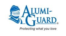 Logo for Alumi-Guard, a blue knight helmet, and company name 