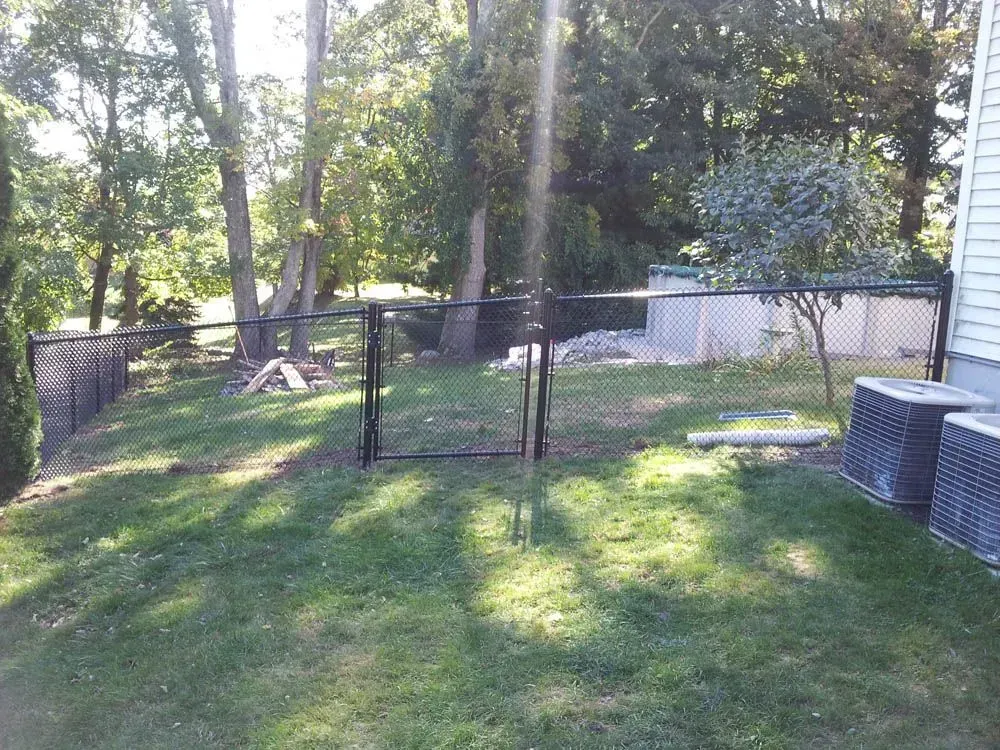 Black chain-link fence surrounding a yard with a gate, trees, and a glimpse of a house.