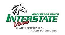 Logo for Interstate Fence: Horse head above green text 