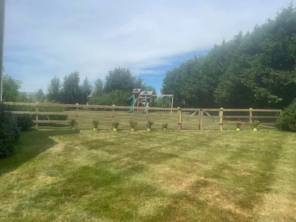 A grassy backyard with a wooden fence, playground, and trees under a blue sky.