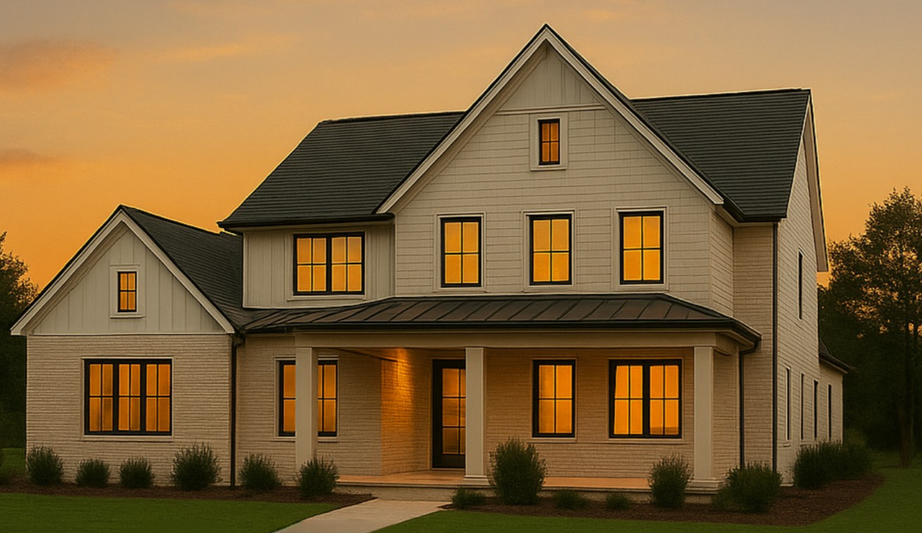 Two-story farmhouse with white siding, black roof, and glowing windows against an orange sunset sky.
