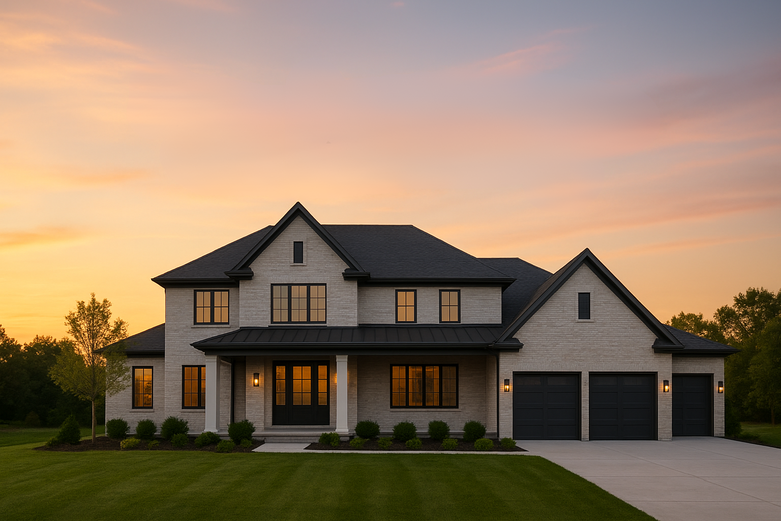Two-story brick house at sunset with a green lawn and three-car garage.