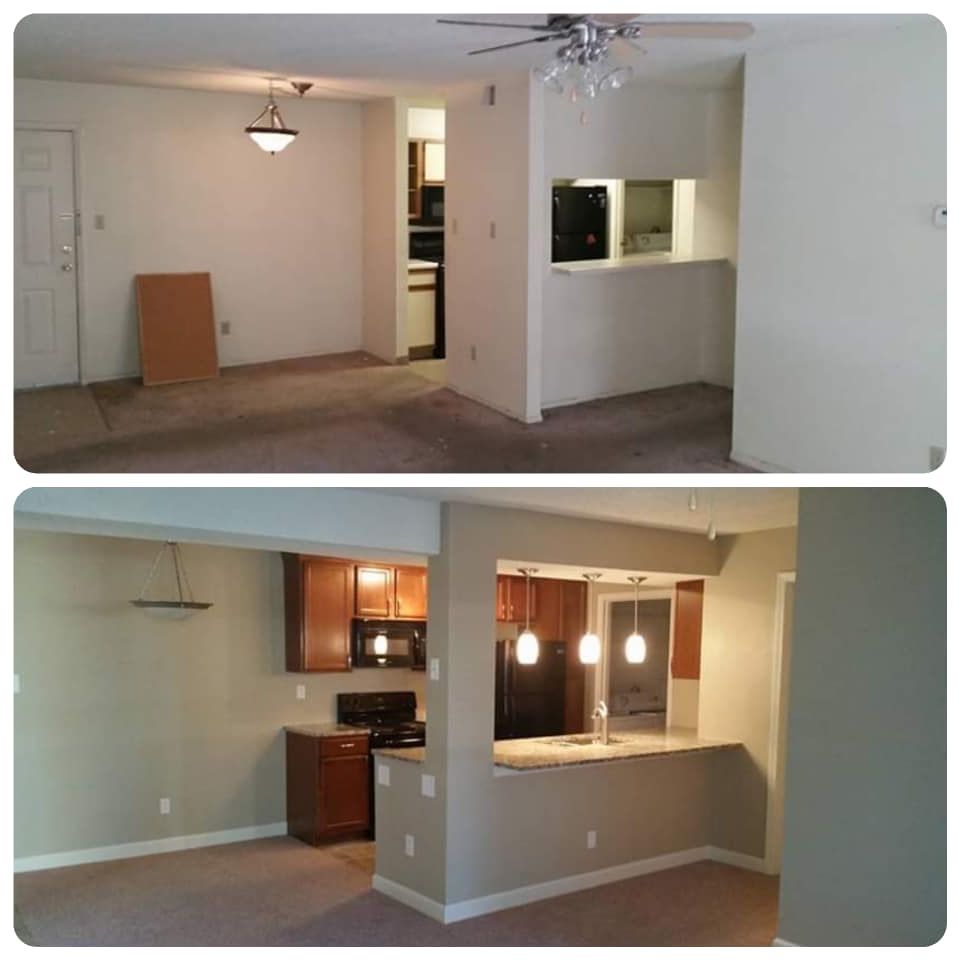 A before and after photo of a living room and kitchen