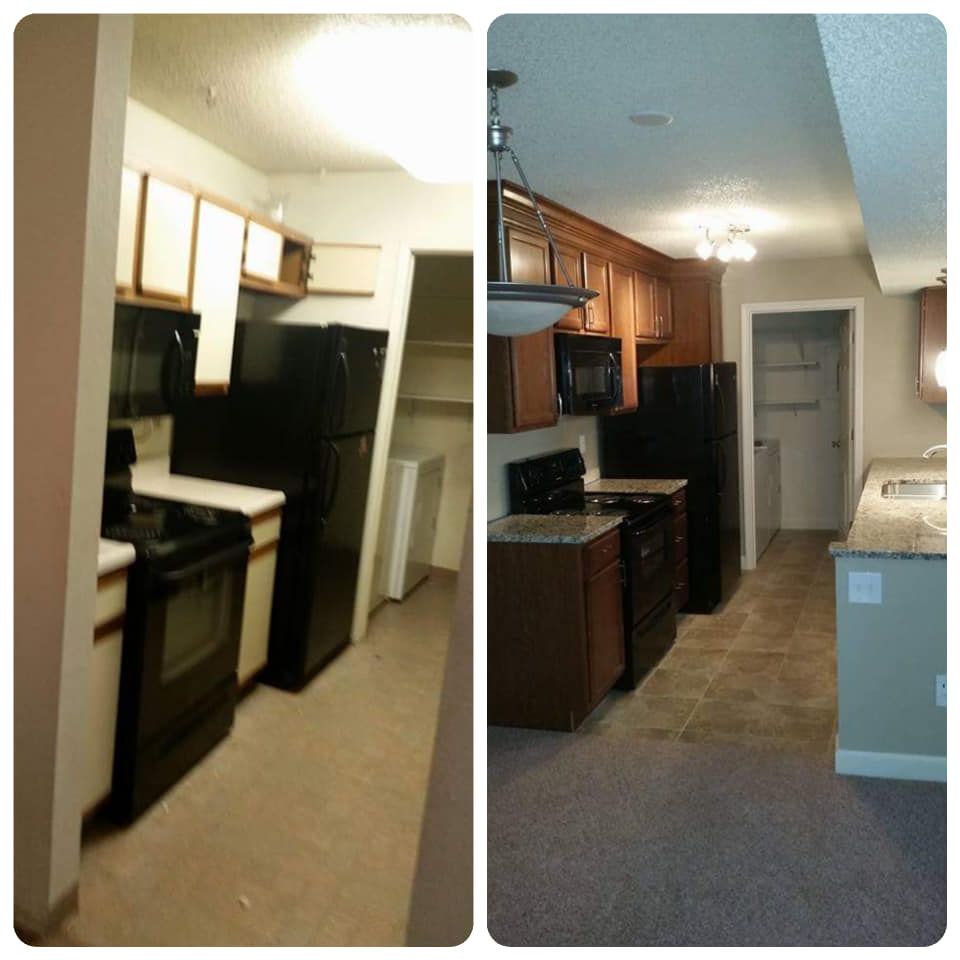 A before and after photo of a kitchen with black appliances