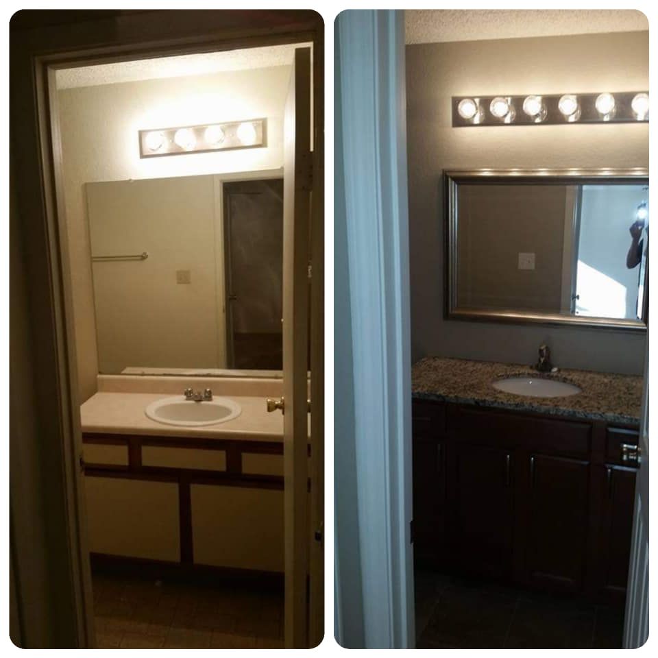 A bathroom with a sink and a mirror