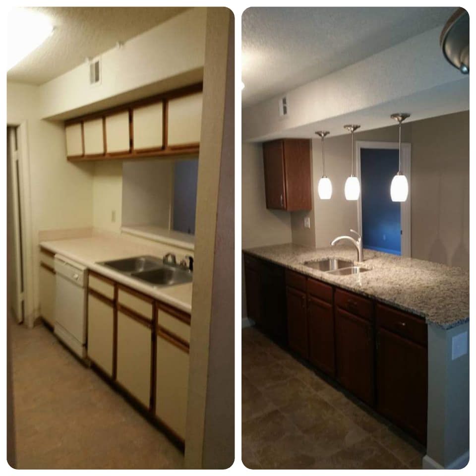 A before and after photo of a kitchen with granite counter tops