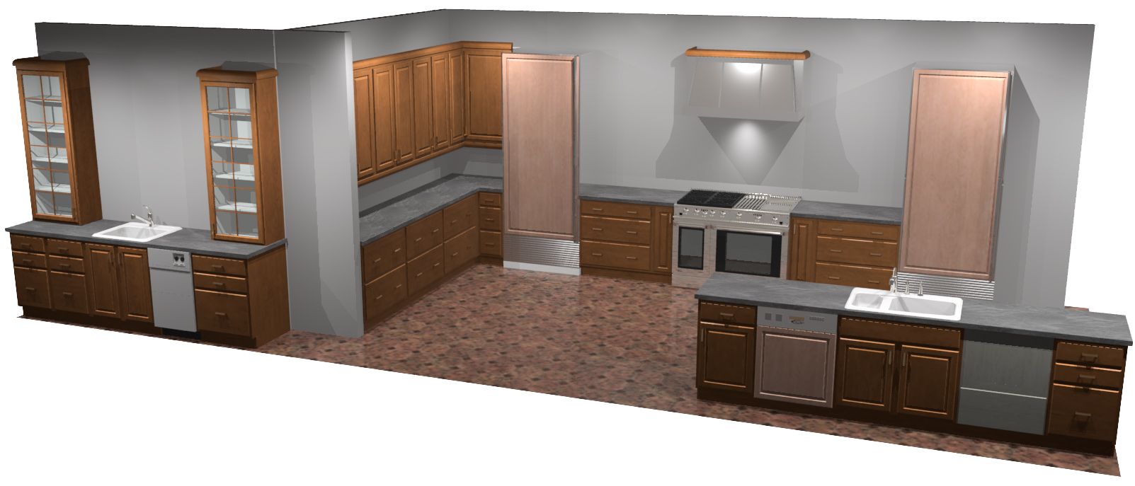 A kitchen with brown cabinets, stainless steel appliances, and a grey countertop. The floor is a reddish-brown color.