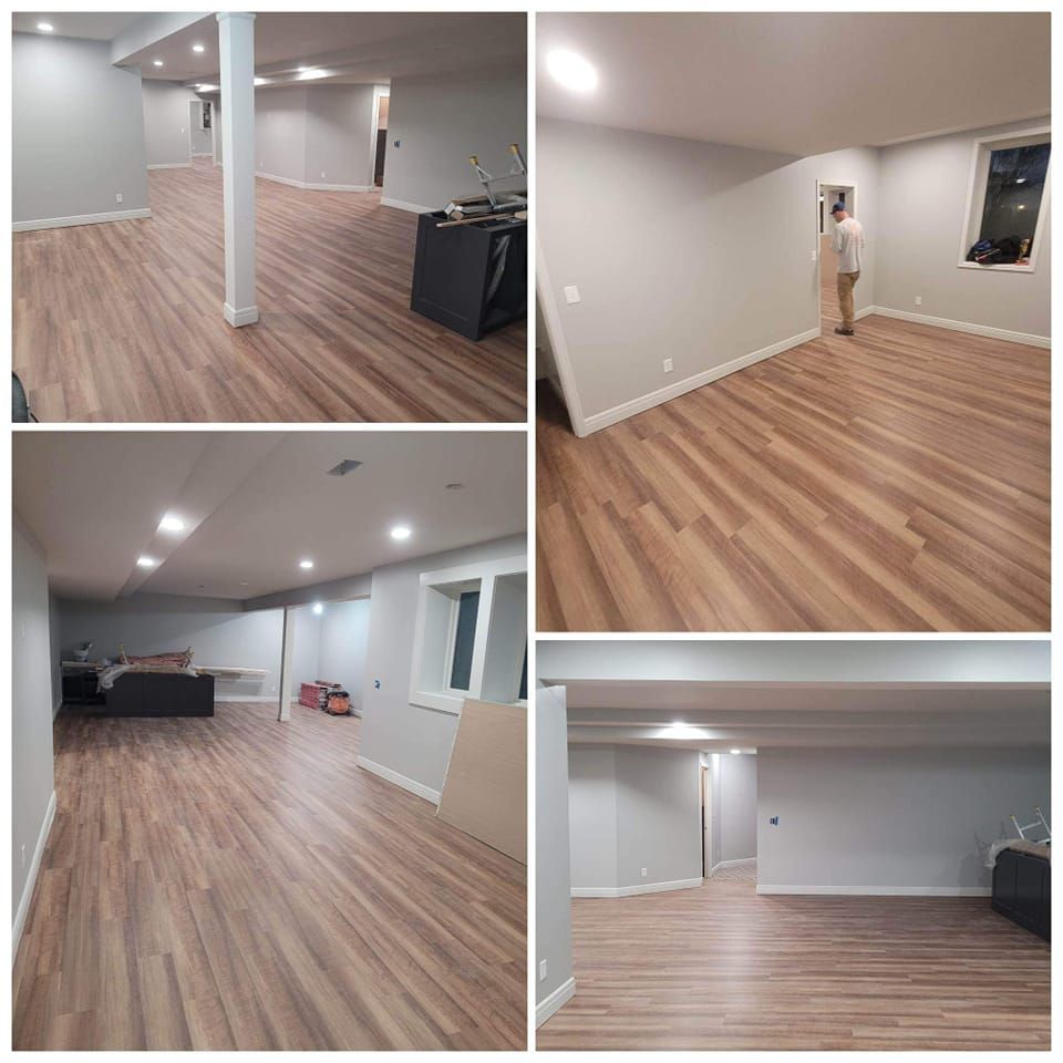 A collage of four pictures of a basement with wooden floors.