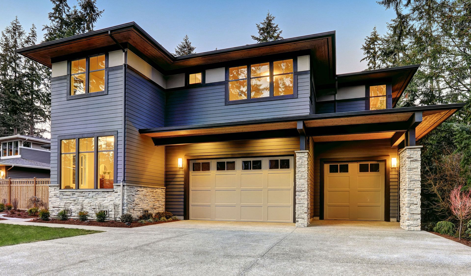 Modern two-story house with blue siding