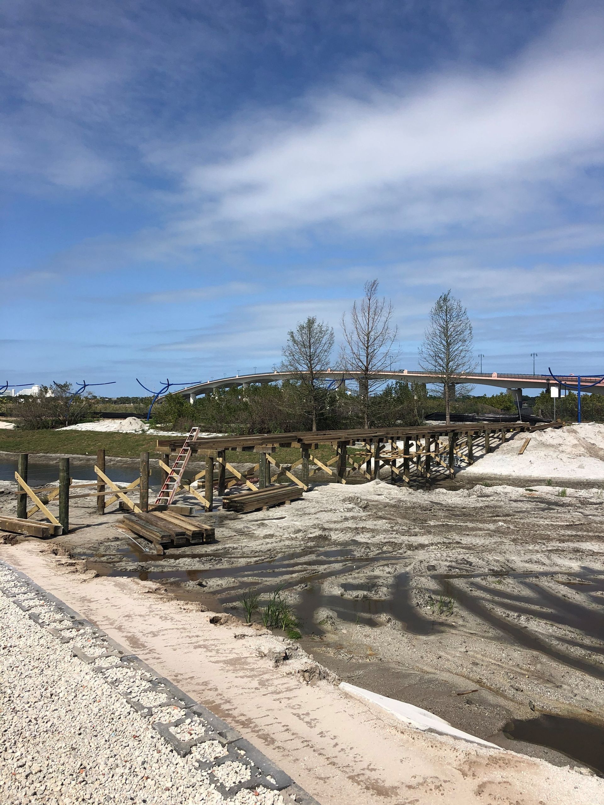 Sandy beach with wooden boardwalk, sparse trees, and blue sky with wispy clouds