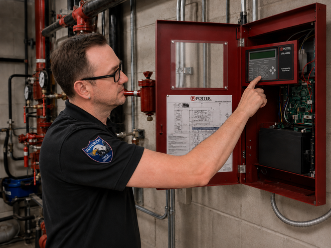A person wearing glasses uses their finger to interact with a red wall-mounted fire alarm control panel.