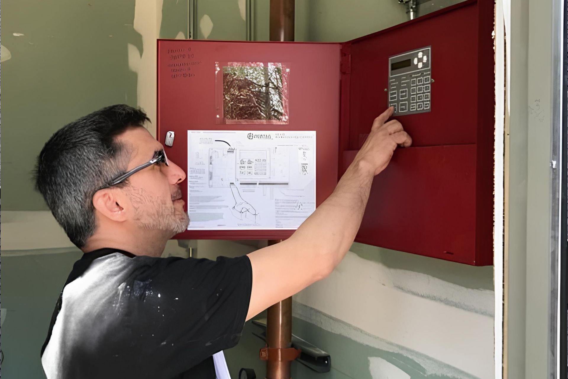 Man inspecting an open red electrical cabinet with circuit diagrams inside