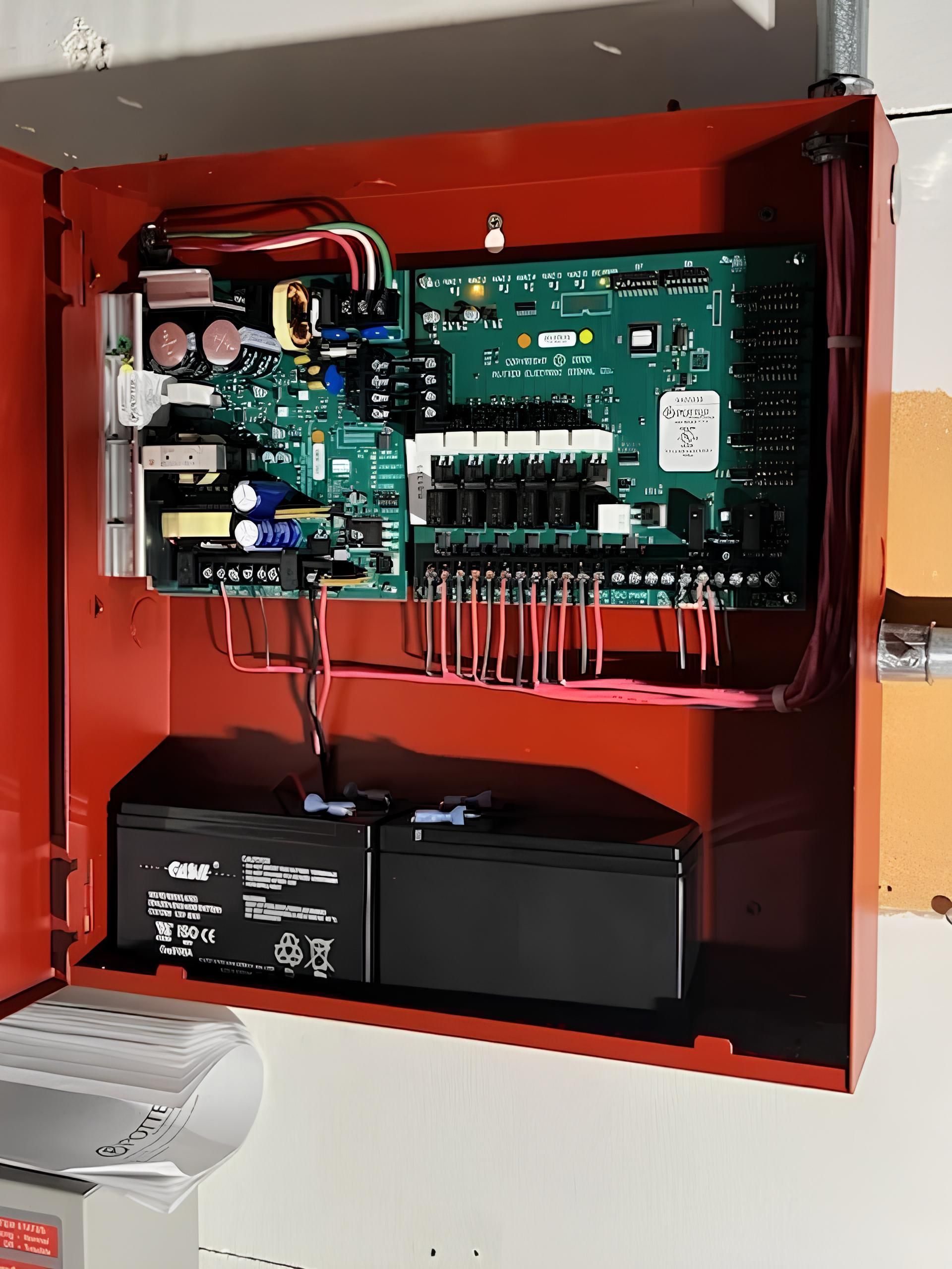 Open red electrical control panel with circuit boards, wiring, and black backup batteries inside.