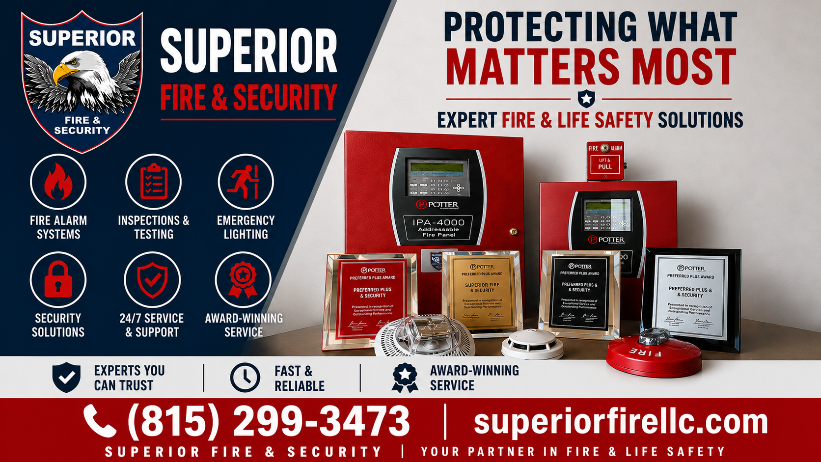 Superior Fire & Security ad with home safety devices, red and blue branding, and phone number in a banner