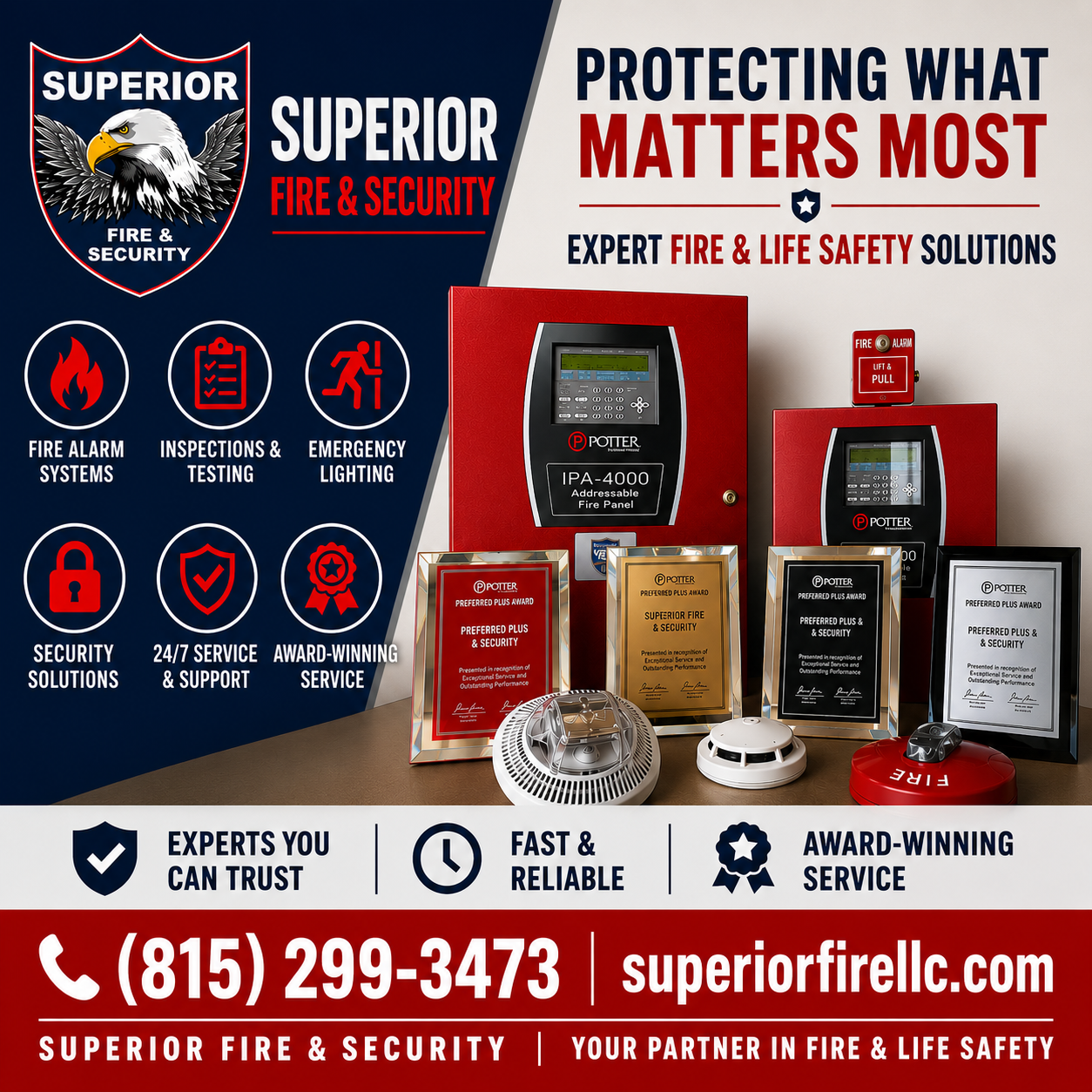 Superior Fire & Security ad with red-and-white safety badges, alarms, awards, and contact info