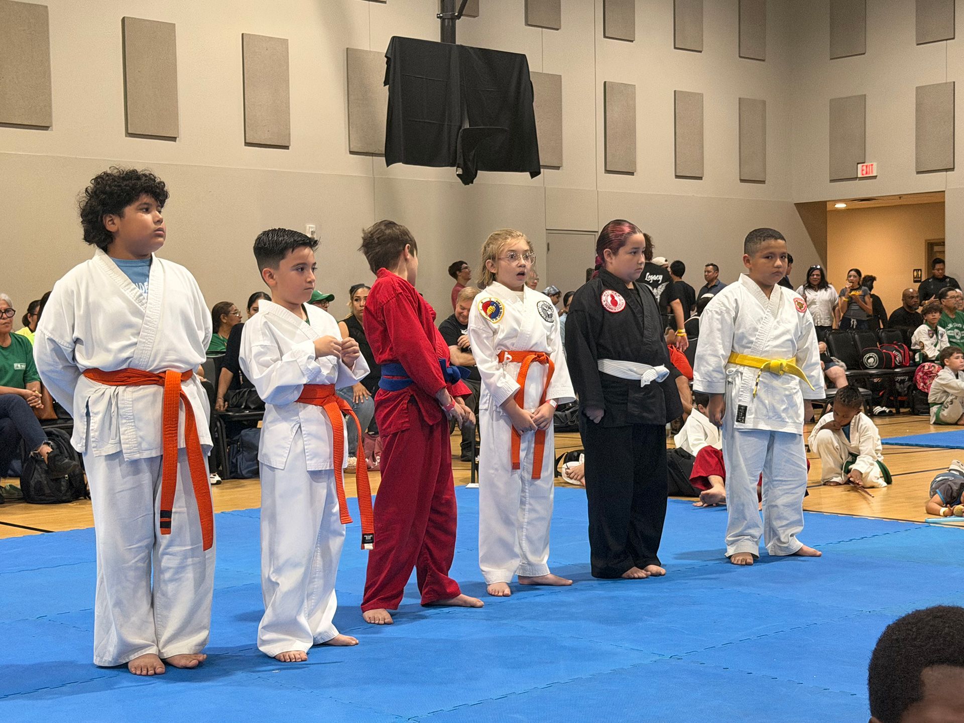 Martial arts students in white, red, and black uniforms stand in a line on a blue mat at an indoor event.