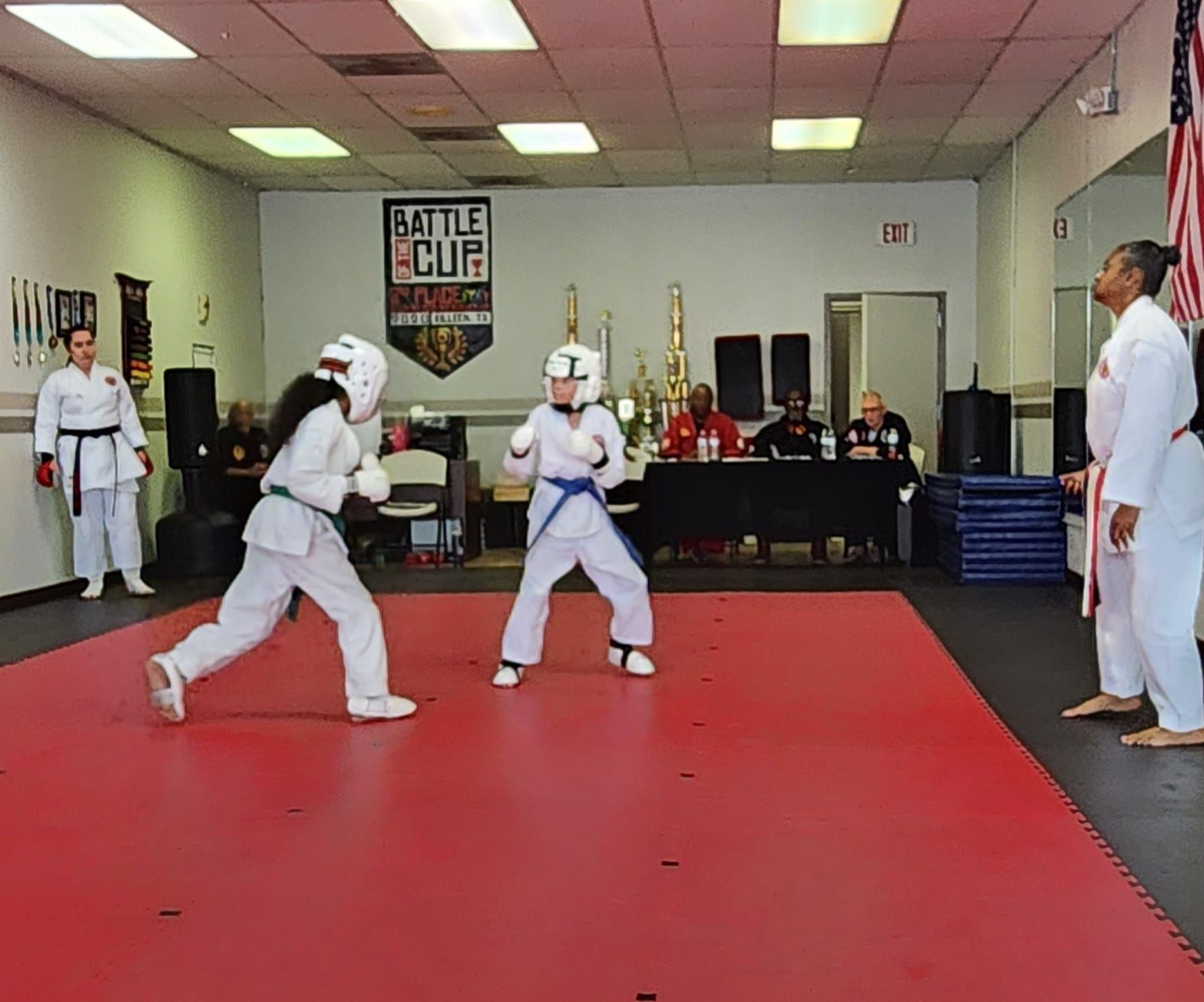 Martial arts sparring in a dojo, with two students in white uniforms on a red mat and observers nearby.