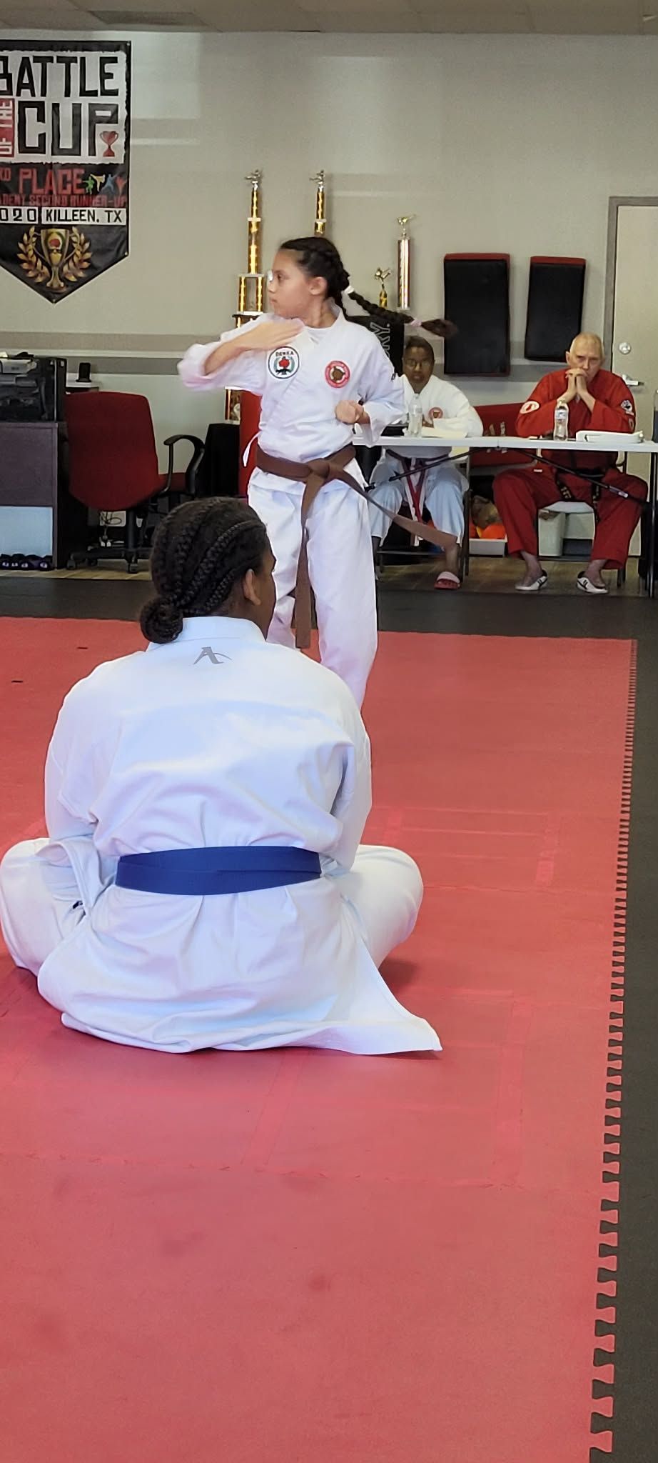 Martial arts class with a child in a white uniform practicing on a red mat while another sits in front.