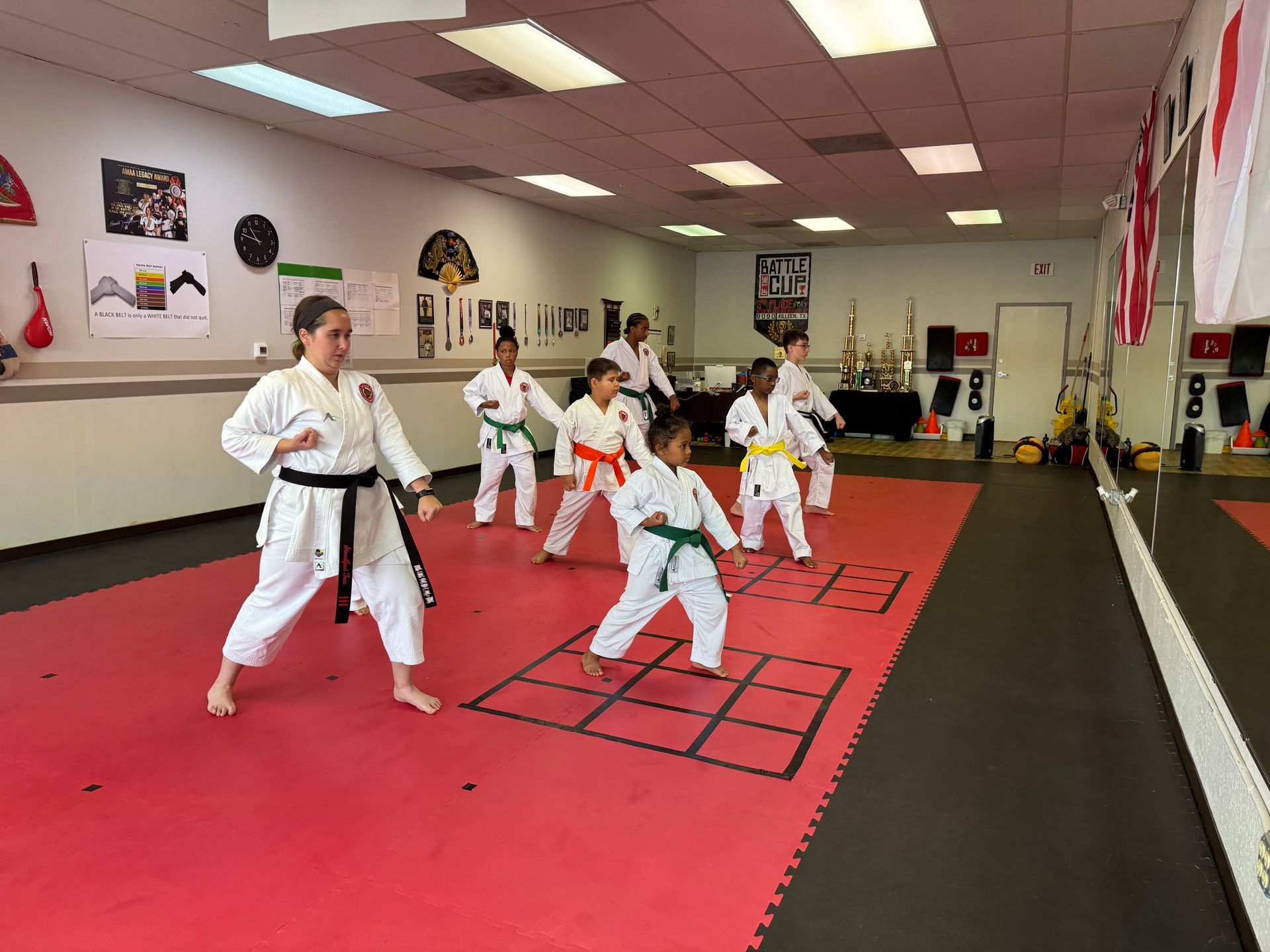 Karate class practicing stances on red mats in a dojo with wall posters and flags