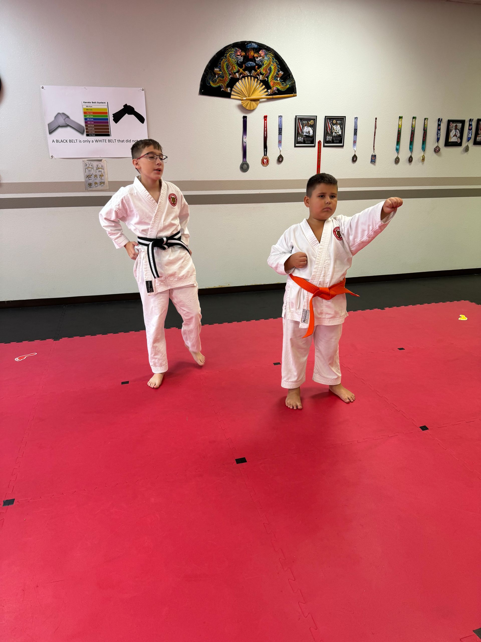 Two martial arts students in white gis practice in a dojo with a red mat.