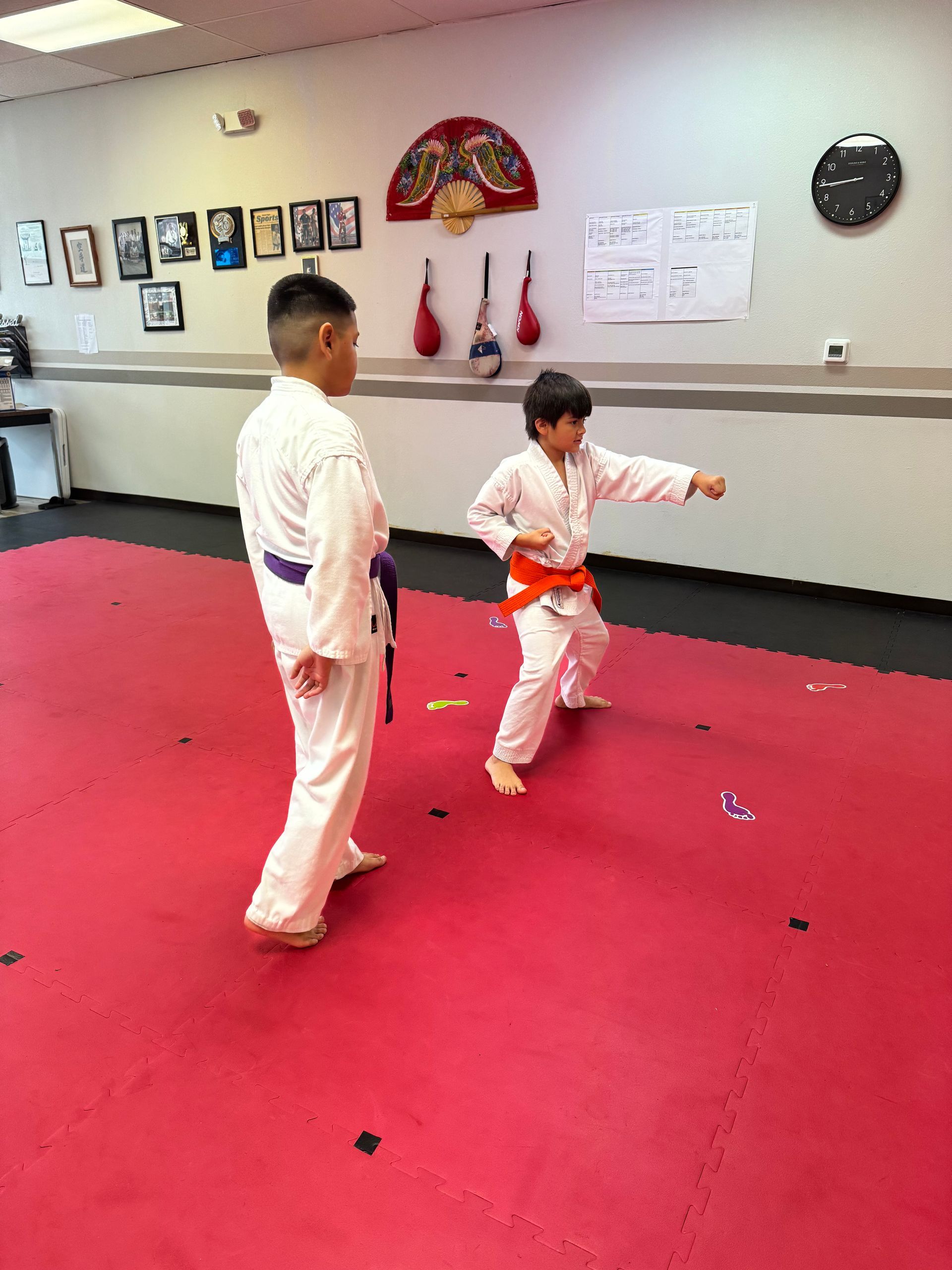 Two martial arts students in white uniforms practice on a red mat in a dojo.
