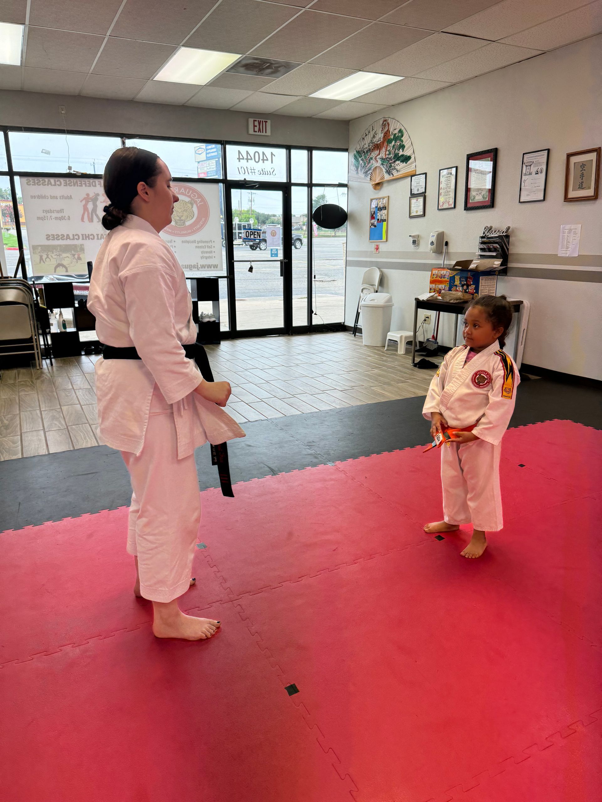 Martial arts instructor and young student facing each other on a red mat in a dojo.