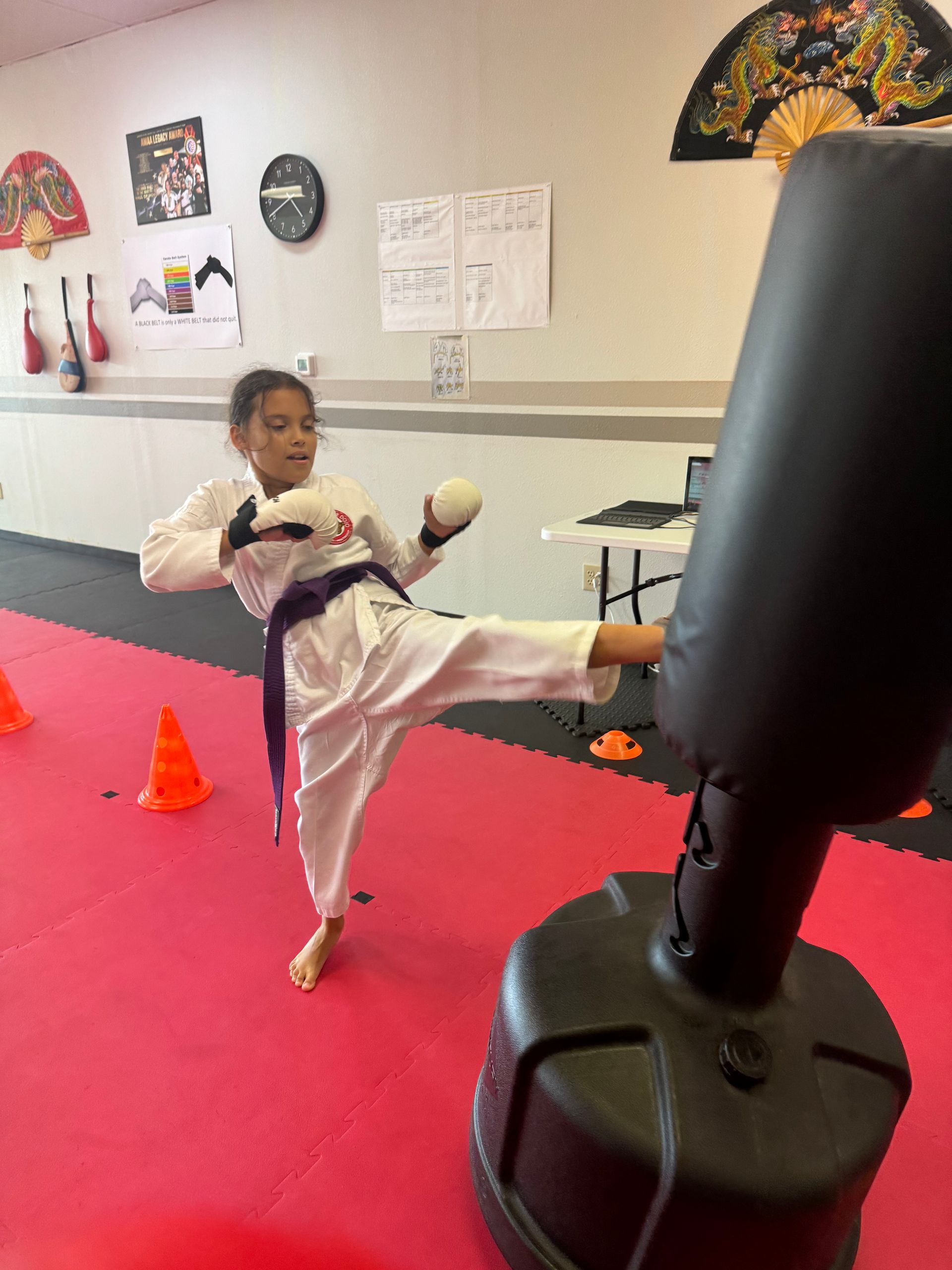 Child practicing a kick on a freestanding punching bag in a red martial arts studio