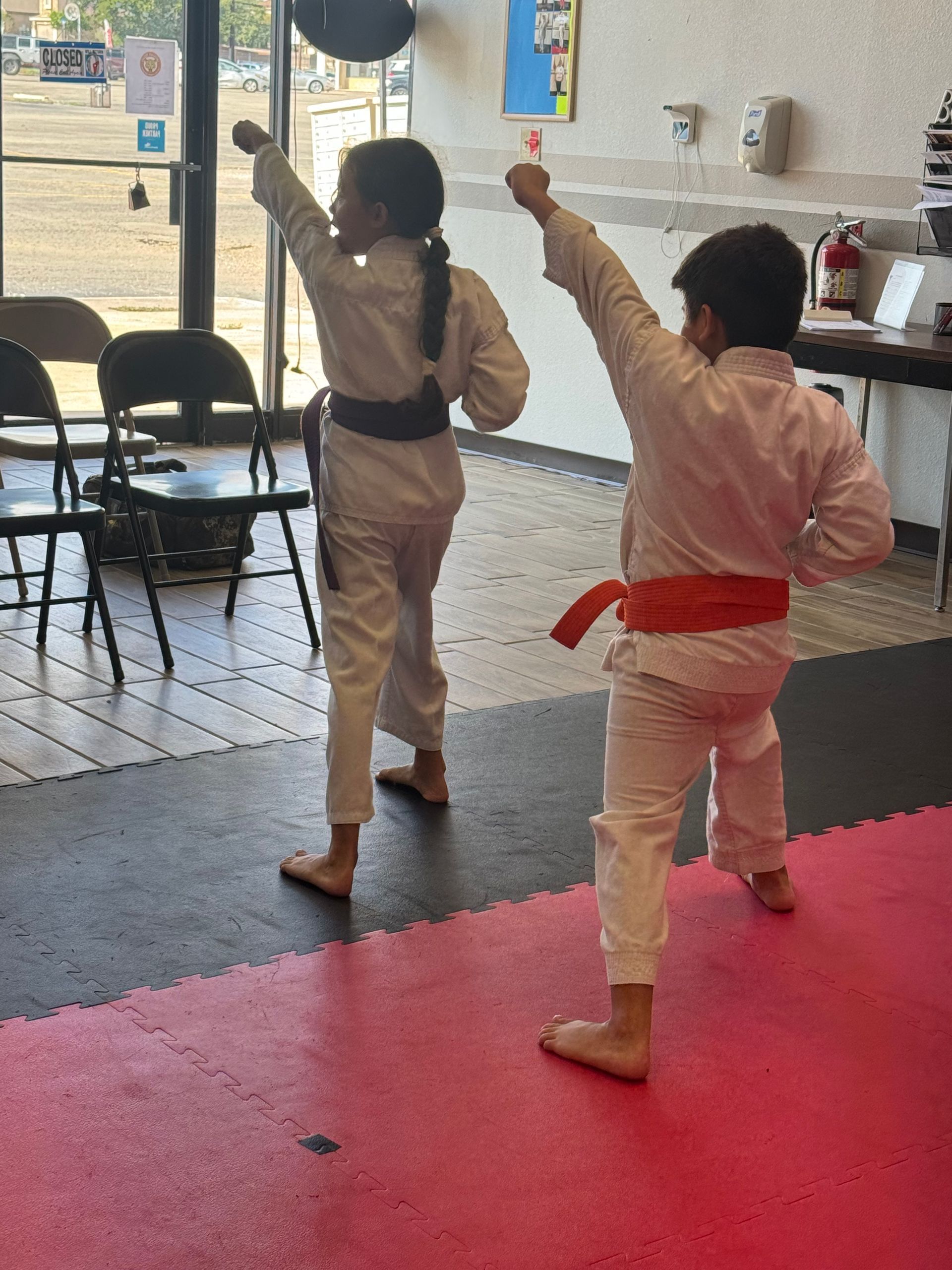 Two martial arts students in white uniforms practice kicks on pink mats in a bright studio
