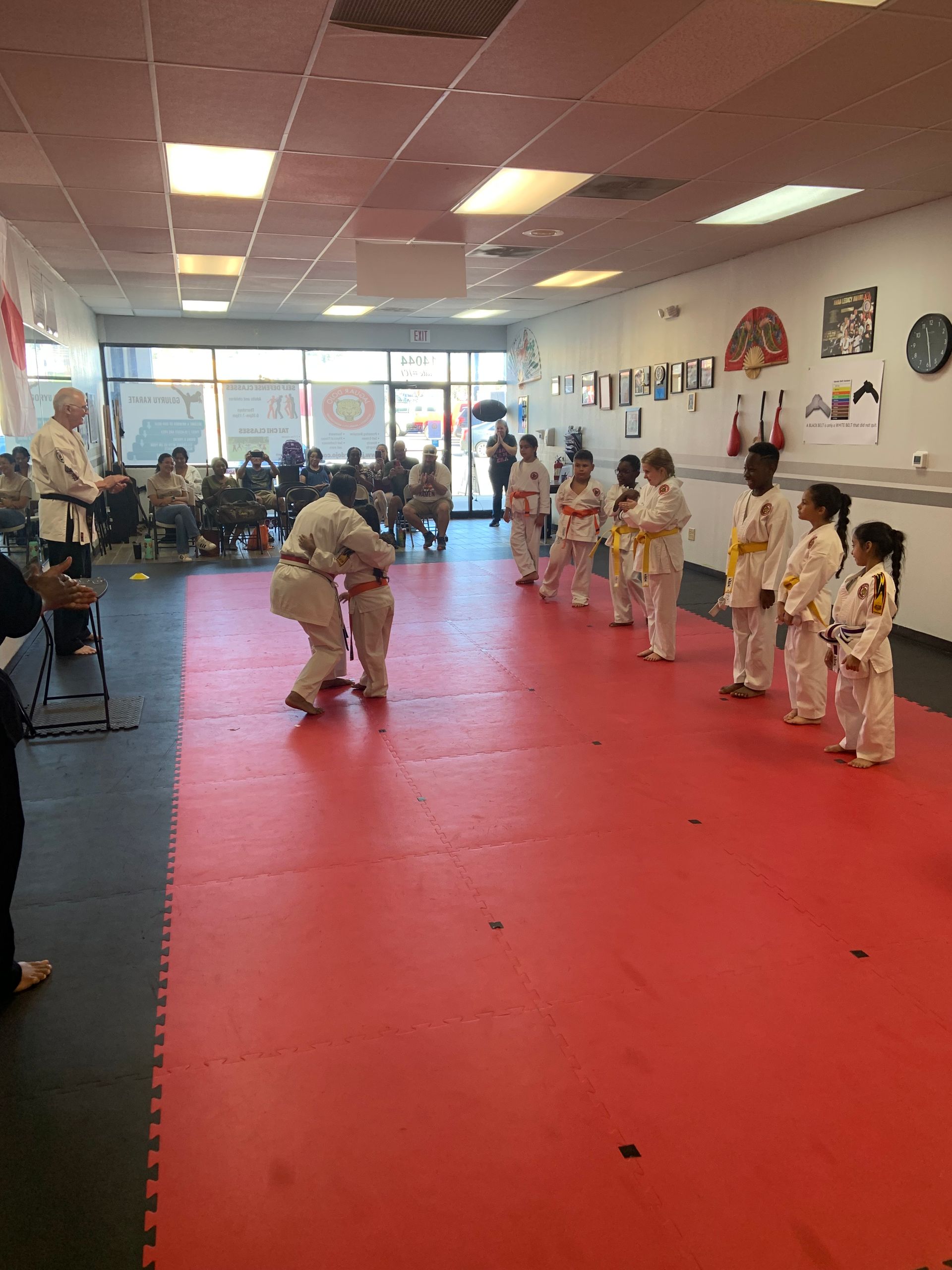 Children in white uniforms line up for martial arts class on a red mat as an instructor demonstrates.