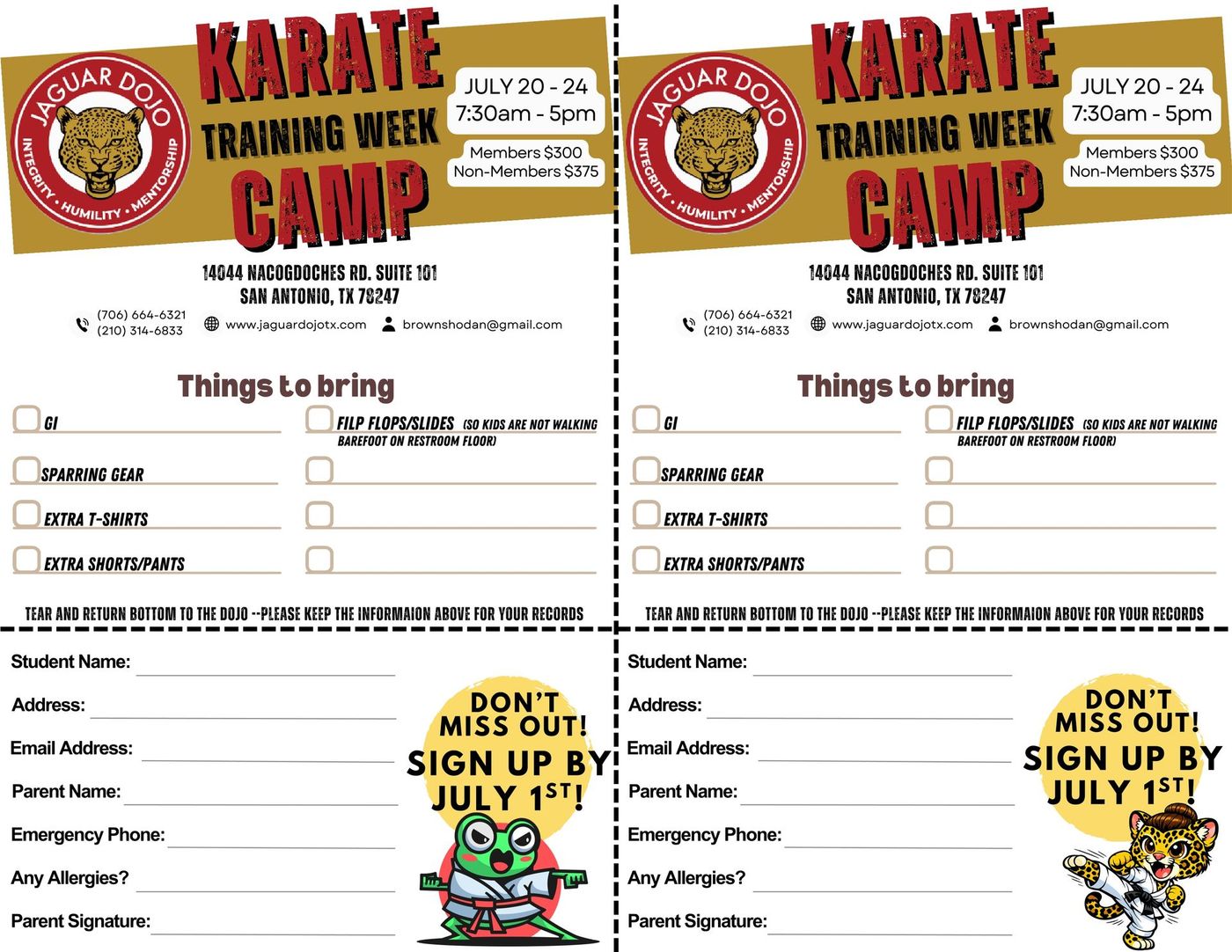 Flyer for Karate Training Week Camp with July 20–24 dates, sign-up form, and “Don’t miss out” badge