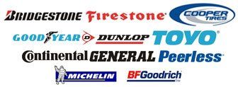 Bridgestone, Firestone, Cooper Tires, Good Year, Dunlop, Toyo, Continental, General, Peerless, Michelin, BF Goodrich