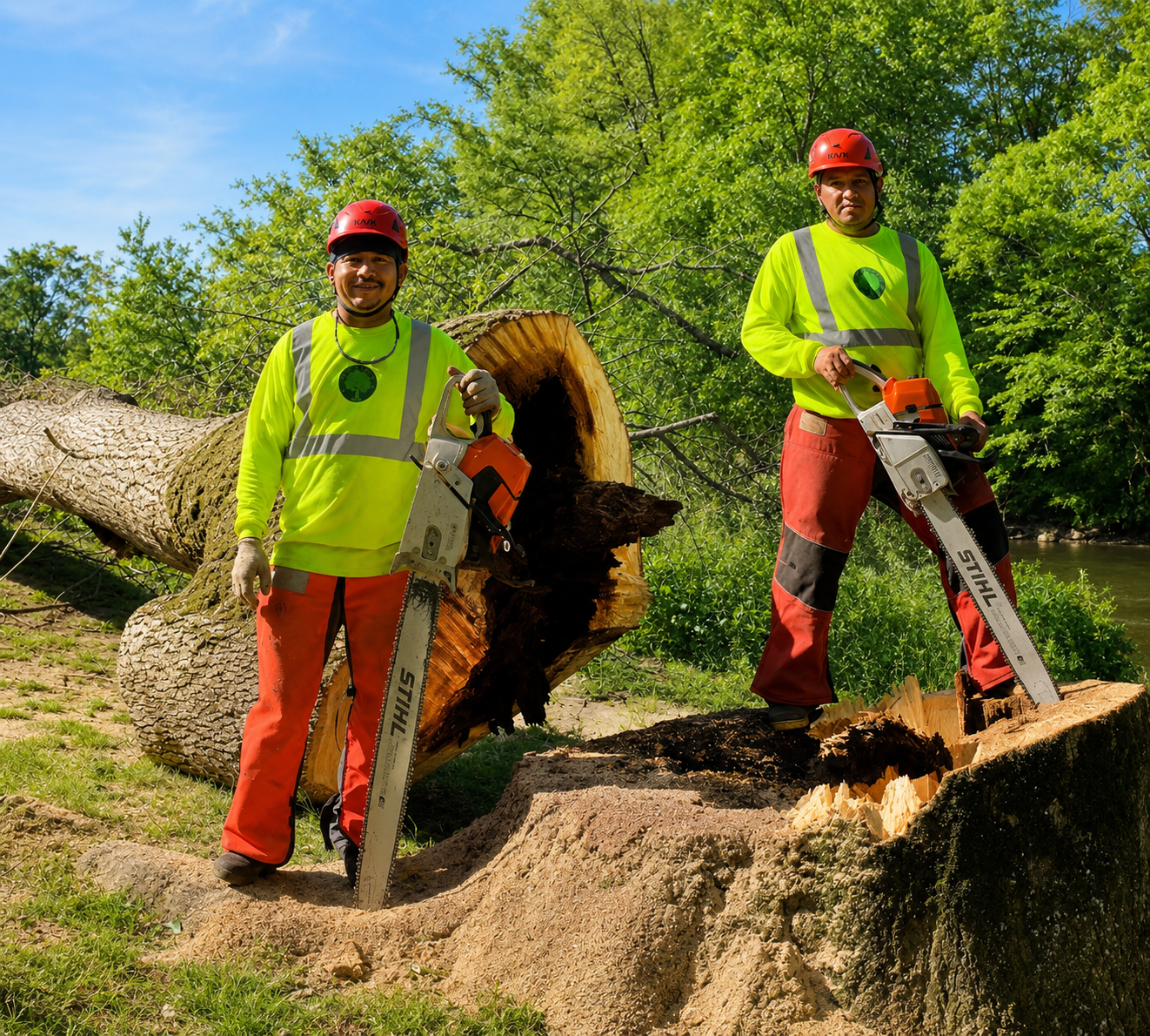 Two arborists in neon safety gear cut a fallen tree trunk with chainsaws in a wooded area