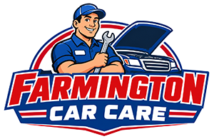 Farmington Car Care logo with a mechanic and open car hood in red, blue, and white
