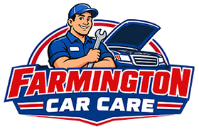 Farmington Car Care logo with a mechanic and open car hood in red, blue, and white