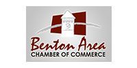 Logo of the Benton Area Chamber of Commerce: a tower image over red rectangle, with text 