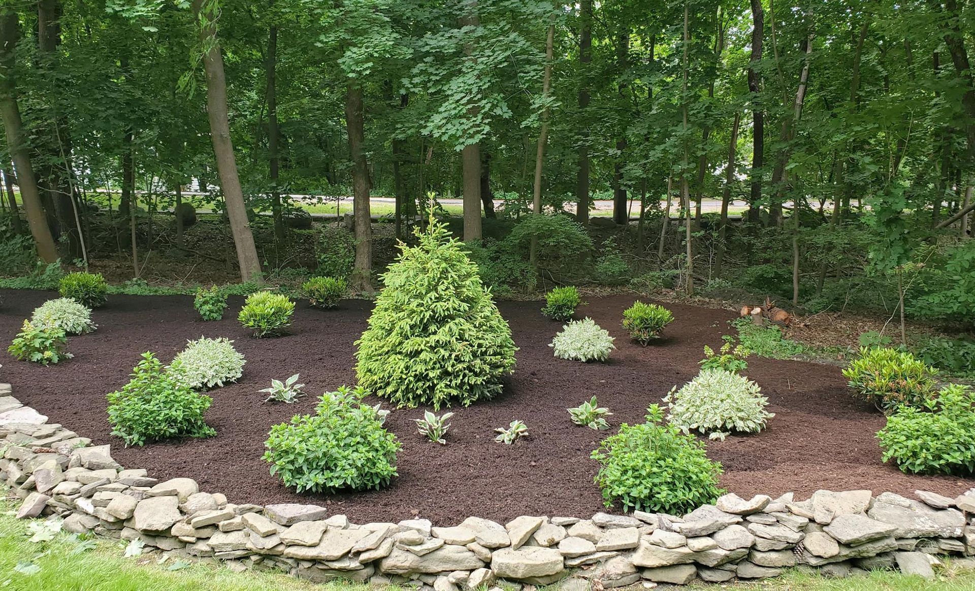 A garden with a stone wall and trees in the background.