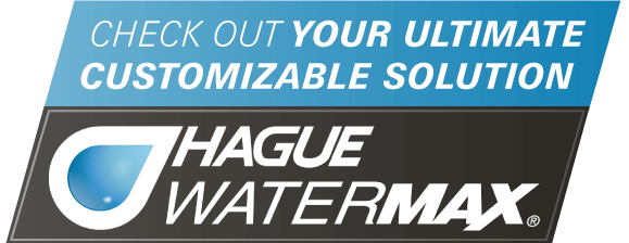 Hague WaterMax logo with “Check out your ultimate customizable solution” on blue, black, and white banner