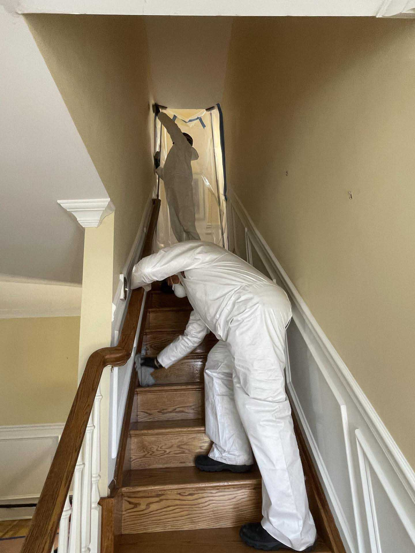 Two workers in white protective suits clean the stairs and walls of a narrow indoor staircase.